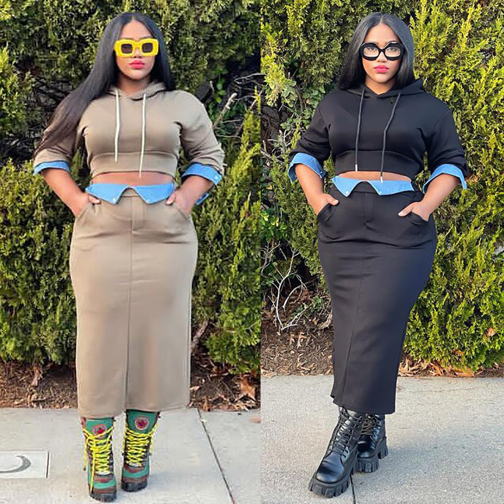 Conjunto de dos piezas formado por sudadera y falda dividida, manga larga, costura vaquera, informal, para mujer, otoño e invierno