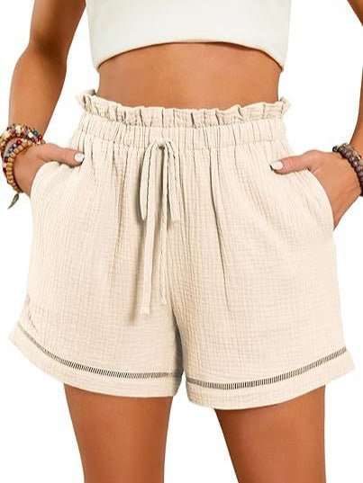 Women Fashion Casual Solid Color High Waist Lace-Up Wide-Leg Shorts