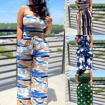 Women Fashion Casual Elegant Printed Sleeveless Slim Fit Lace-Up Jumpsuits