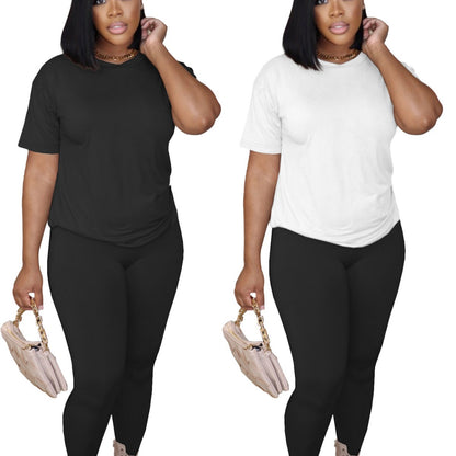 Women Casual Solid Color Plus Size Round Neck Short Sleeve Top Tight Pants Two-Piece Set