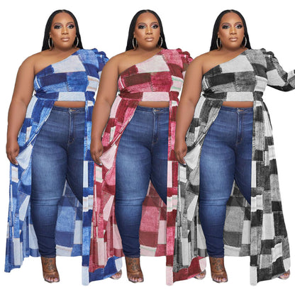 Plus Size Women Night Out Creative Color Blocking Fashion Casual Plaid Print Dress Irregular Top