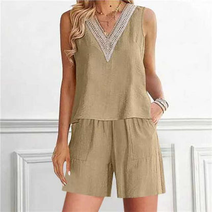 Conjunto informal de 2 piezas de top y pantalones cortos sin mangas con cuello en V de lino y algodón para mujer