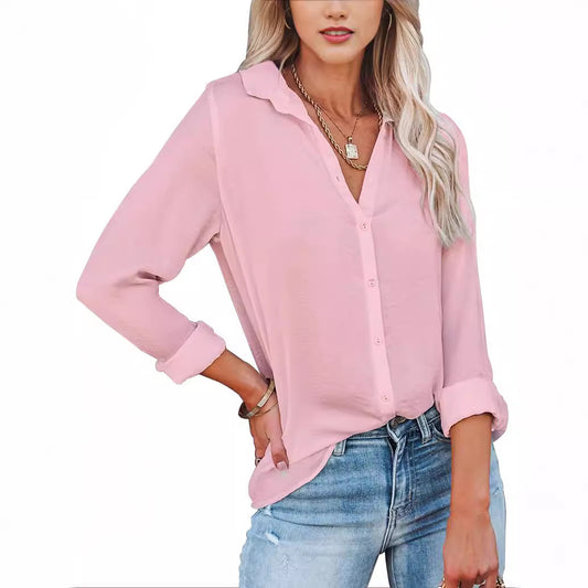 Blusa informal sencilla de manga larga con solapa en color liso para mujer