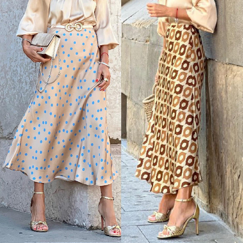 Autumn Casual Elegant Women Polka Dot Print Mid-length Skirt