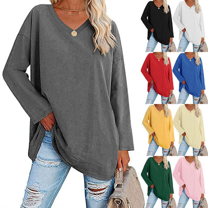 Camiseta informal de manga larga con cuello en V y color liso para mujer