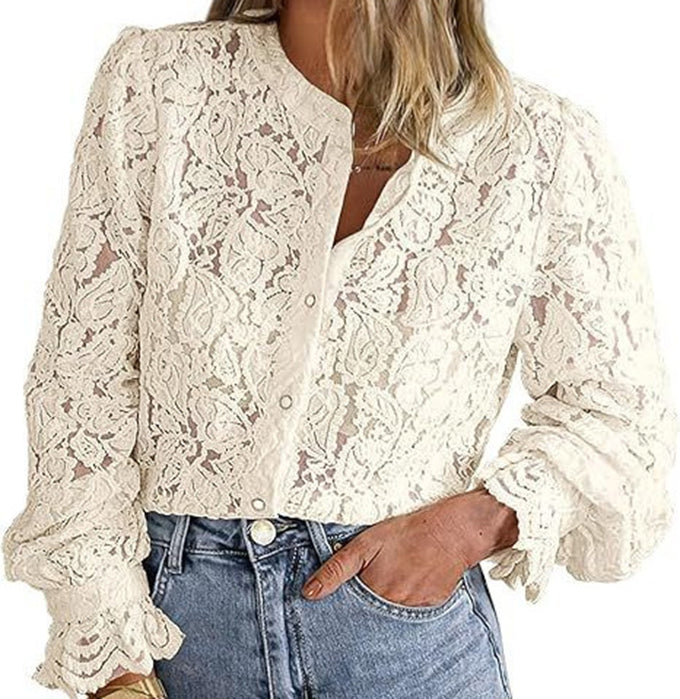 Women Fashion Casual Lace Shirt Long Sleeve Button Solid Color Blouse