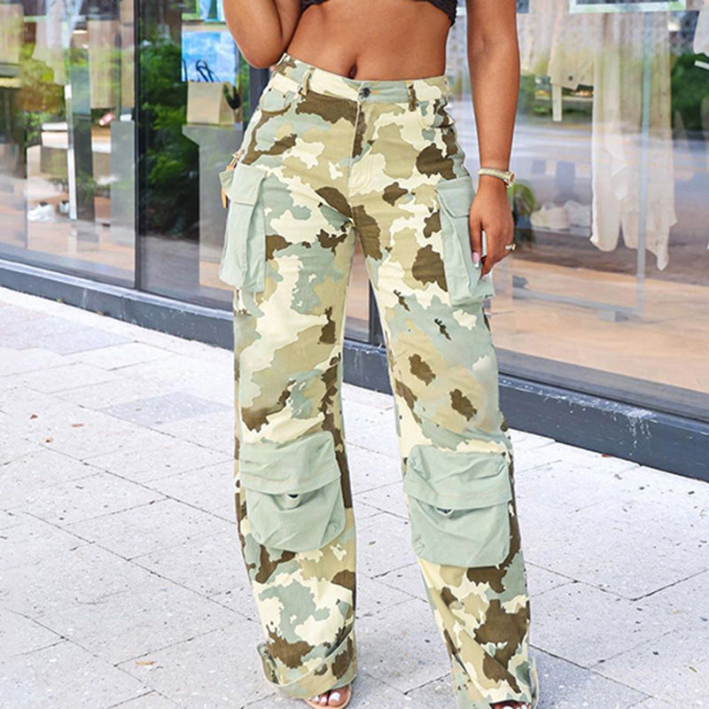 Women Casual Street Camouflage Printed Pocket Stitching Color Contrast Straight Foot Cargo Pants