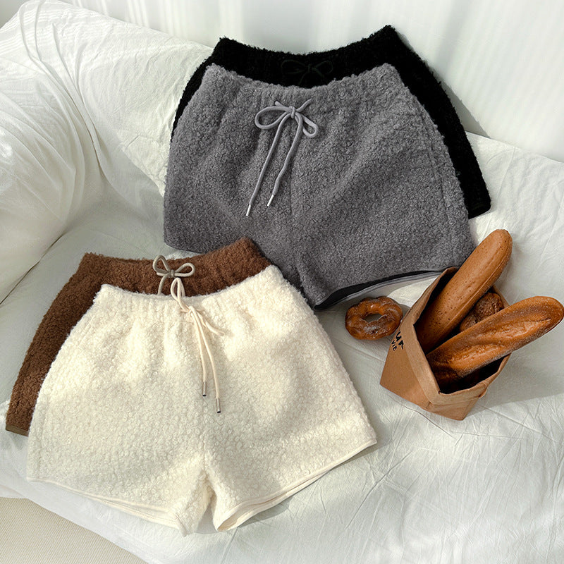Women Fashion Casual Lamb Fleece High-Waist Wide Leg Shorts