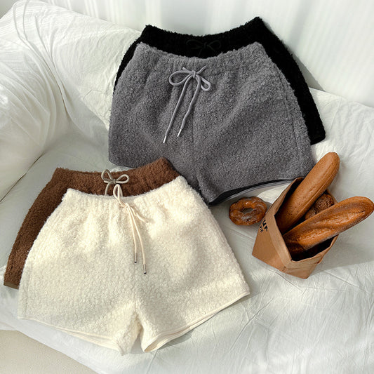 Women Fashion Casual Lamb Fleece High-Waist Wide Leg Shorts