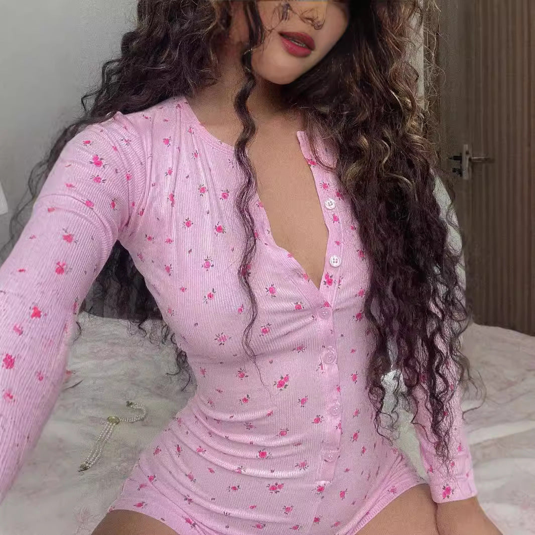 Women Fashion Casual Floral Printed V-Neck Long-Sleeve Single Breasted Slim-Fit Rompers