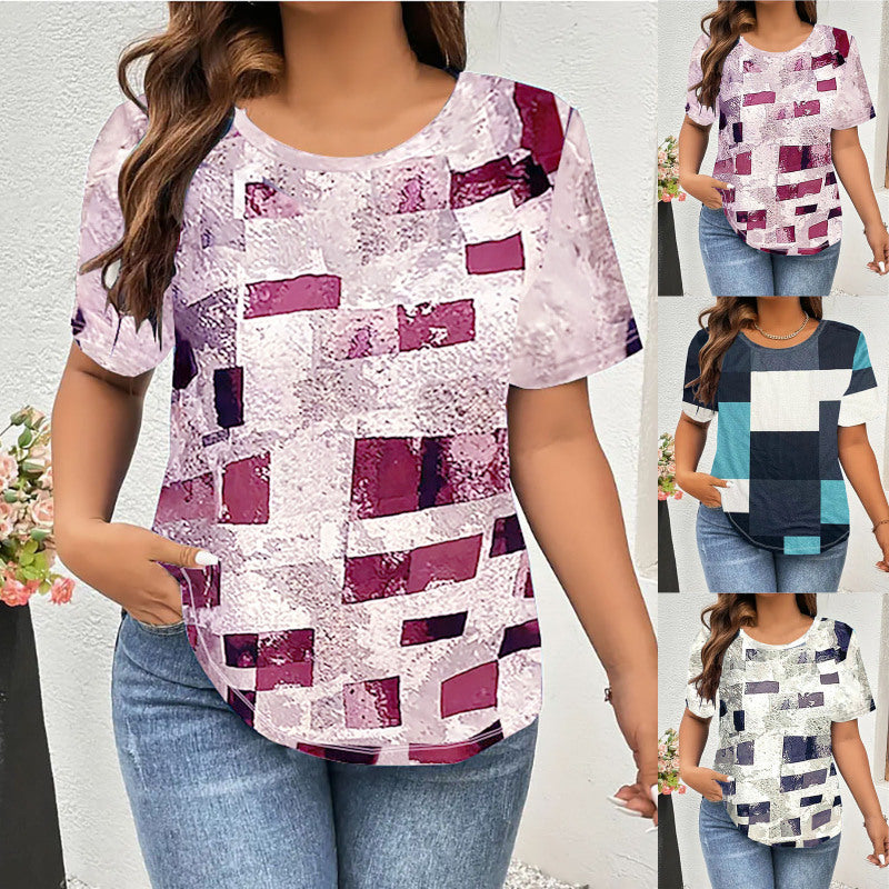 Camiseta informal de manga corta con cuello redondo y estampado cuadrado de talla grande para mujer