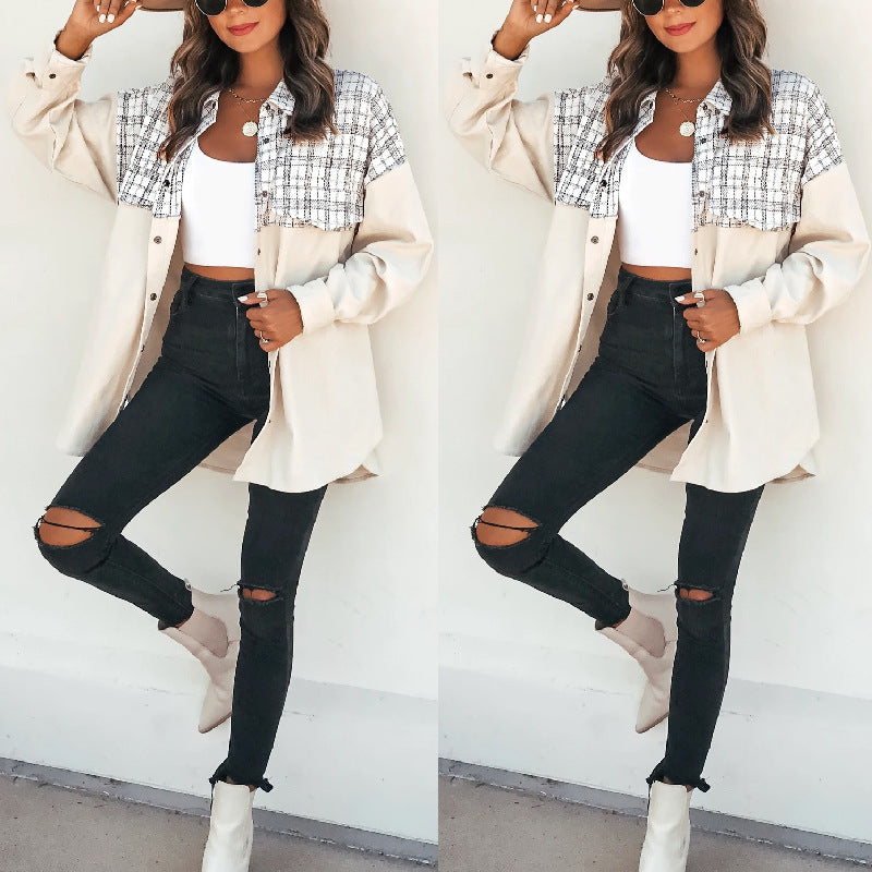 Women Casual Lapel Long Sleeve Pocket Plaid Patchwork Single-breasted Corduroy Shacket