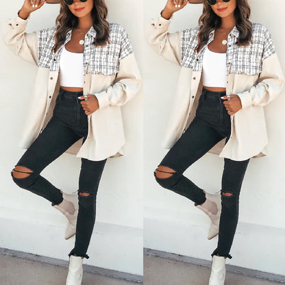 Women Casual Lapel Long Sleeve Pocket Plaid Patchwork Single-breasted Corduroy Shacket