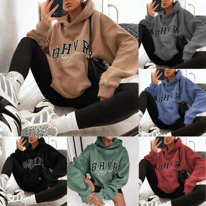 Women Fashion Casual Letter Printing Velvet Warm Long Sleeve Hooded Sweatshirt