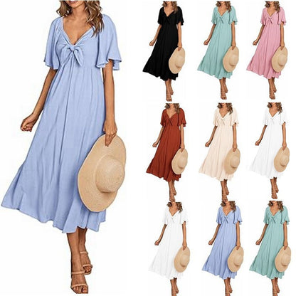 Vestido informal de manga corta con lazo y escote en V para mujer
