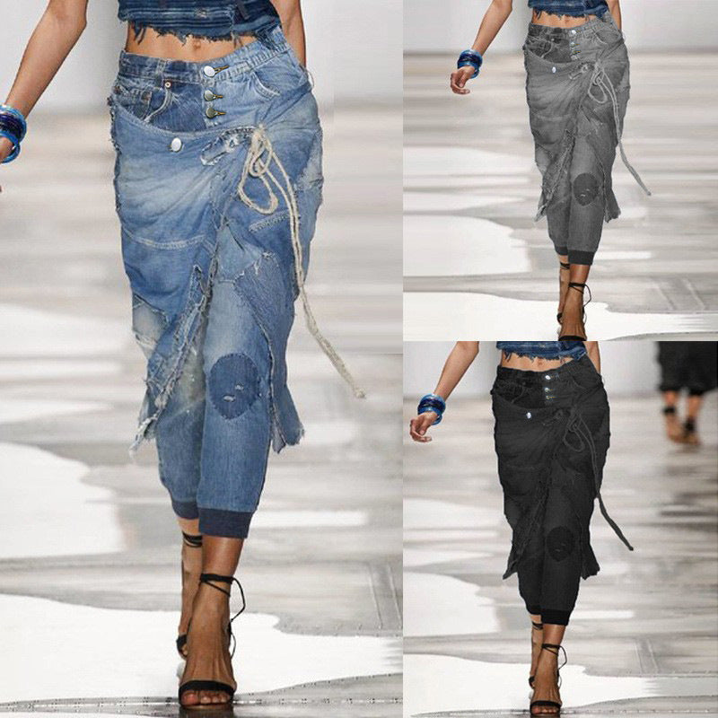 Pantalones deportivos casuales de cintura alta con cordones y rotos para mujer