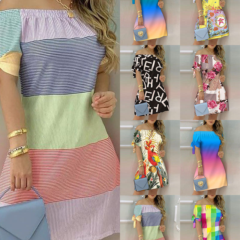Women Casual Off-The-Shoulder Short Sleeves Color Blocking Dress