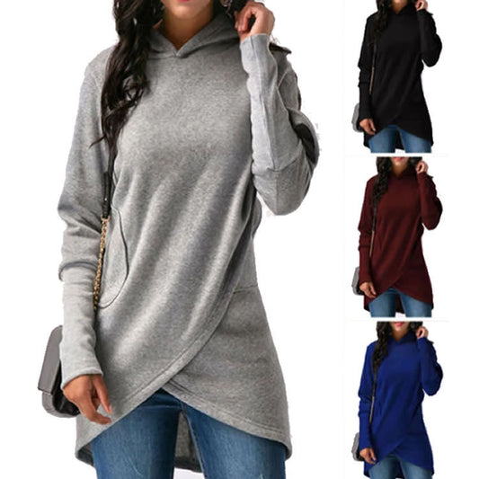 Sudadera con capucha de manga larga con dobladillo irregular y color liso informal para mujer