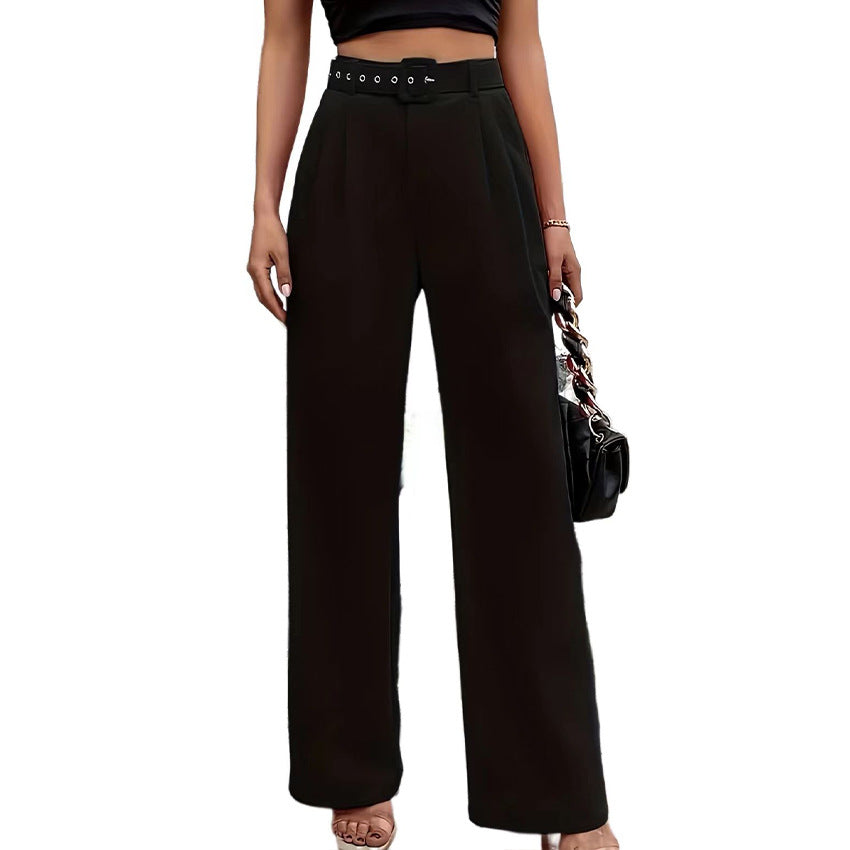 Women Fashion Casual High Waist Solid Color Straight Leg Pants