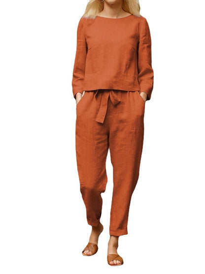 Conjunto de top y pantalón informal de color liso para mujer, otoño