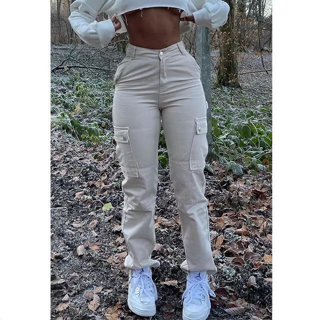 Women Fashion Casual Solid Color High Stretch Multi-Pocket Tight Pants