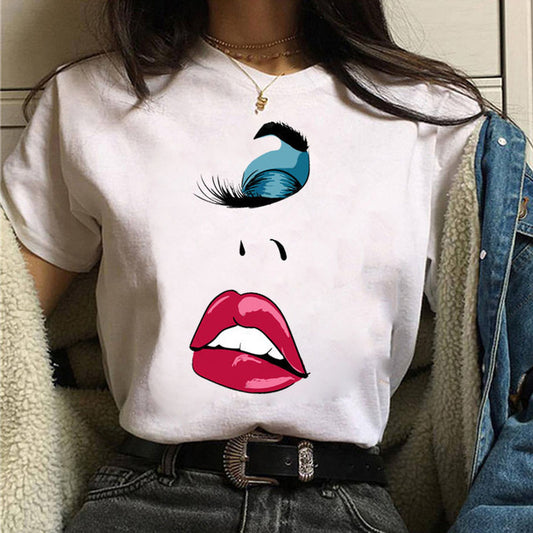Camiseta informal de manga corta con estampado de ojos para mujer