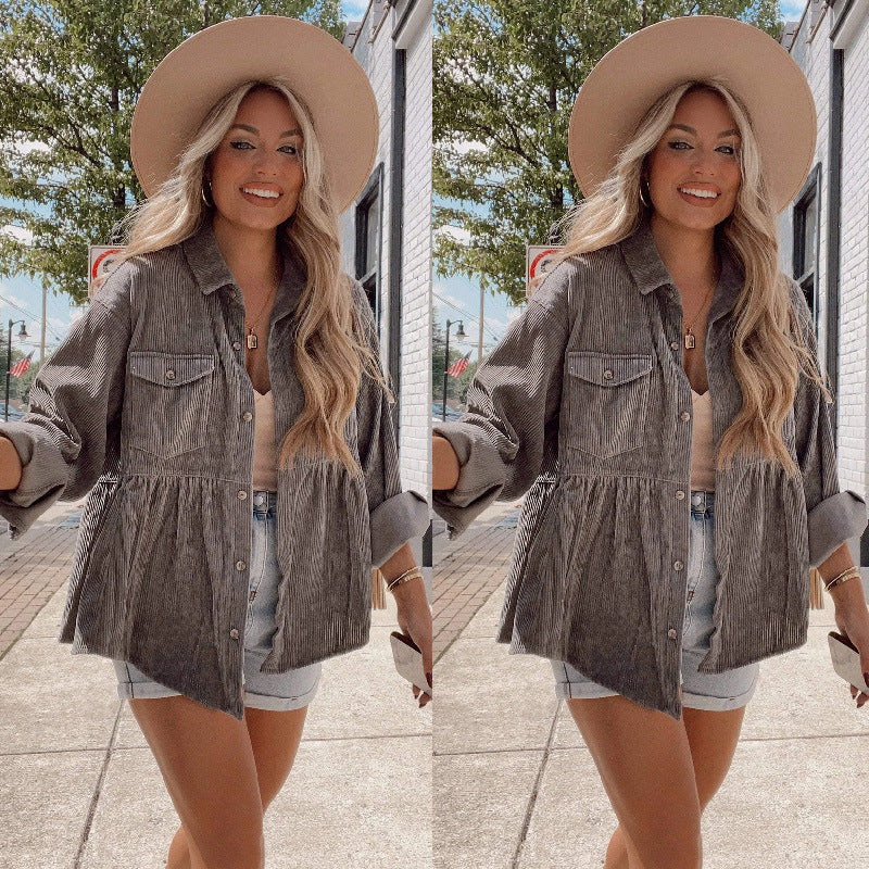 Women Casual Basic Solid Color Long Sleeve Lapel Single-breasted Pocket Design Corduroy Shacket