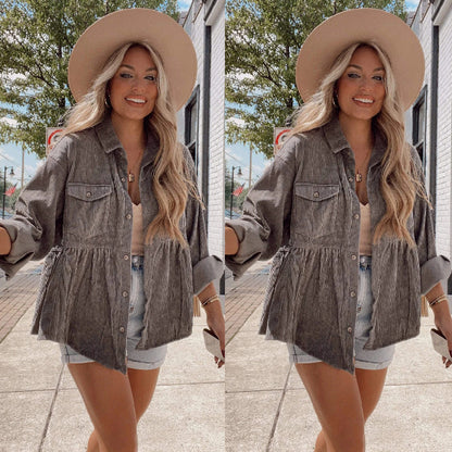 Women Casual Basic Solid Color Long Sleeve Lapel Single-breasted Pocket Design Corduroy Shacket