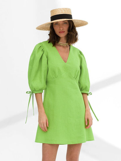 Women Fashion Casual Solid Color Cotton Linen V-Neck Bubble Sleeve Loose Dress