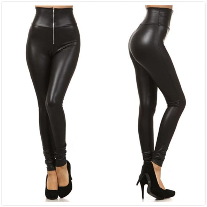 Women Solid Color High Waist Zipper PU Leather Slim Fit Casual Pants