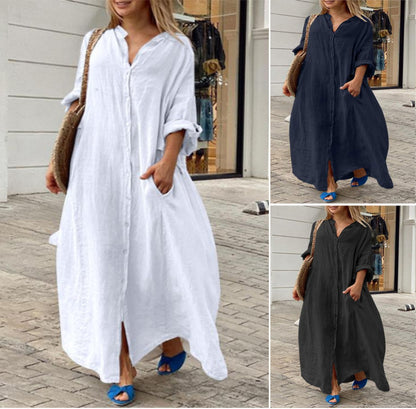 Women Fashion Casual Solid Color Cotton Linen Pocket Shirt Maxi Dress
