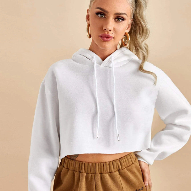 Sudadera corta básica informal de polar de color liso con mangas largas para mujer