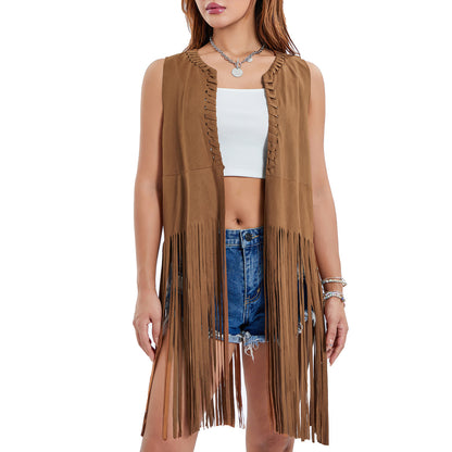 Women Fashion Casual Solid Color Suede Sleeveless Long Tassels Vest