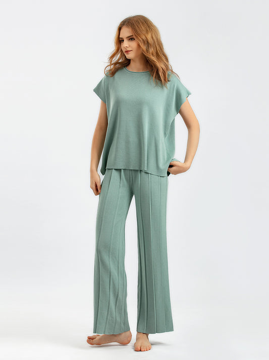 Women Casual Solid Color Sleeveless Vest Wide Leg Pants Knitted Set