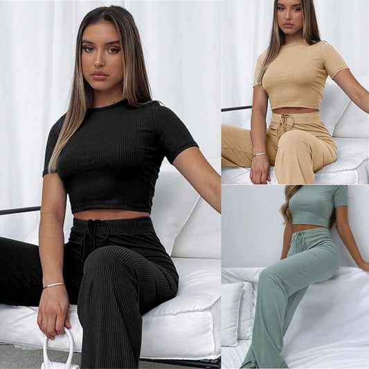 Conjunto de dos piezas de moda informal para mujer, color sólido, elástico, moldeador de cuerpo, manga corta, pantalones anchos