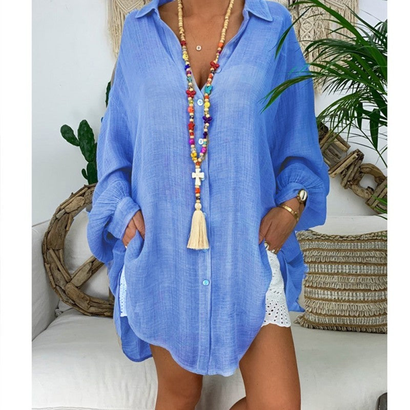 Blusa informal básica de manga larga para mujer, estilo playero, de color liso, talla grande