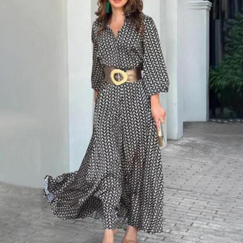 Vestido maxi informal de manga larga con cuello en V y cordones con pequeñas flores para mujer