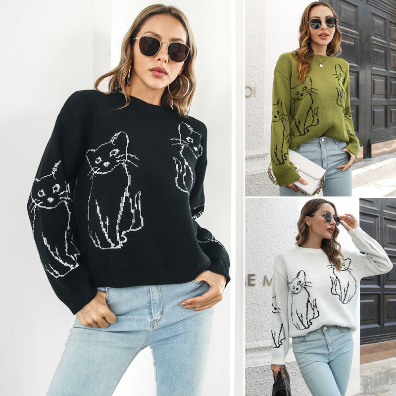 Suéter de punto con estampado de gato para mujer, informal, de invierno