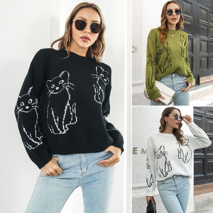 Suéter de punto con estampado de gato para mujer, informal, de invierno