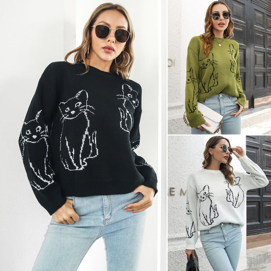 Suéter de punto con estampado de gato para mujer, informal, de invierno
