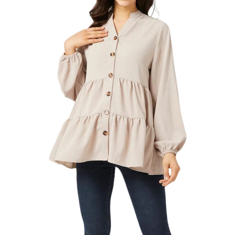 Pregnant Women Casual Solid Color V-Neck Long Sleeve Cotton Breastfeeding Top