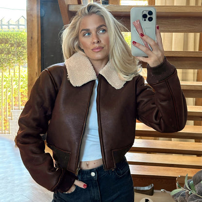 Autumn And Winter Women Fashion Casual Maillard Color Lapel Pu Leather Jacket