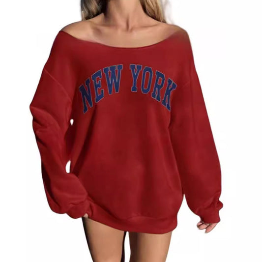 Sudadera informal holgada con estampado de letras y hombros descubiertos para mujer