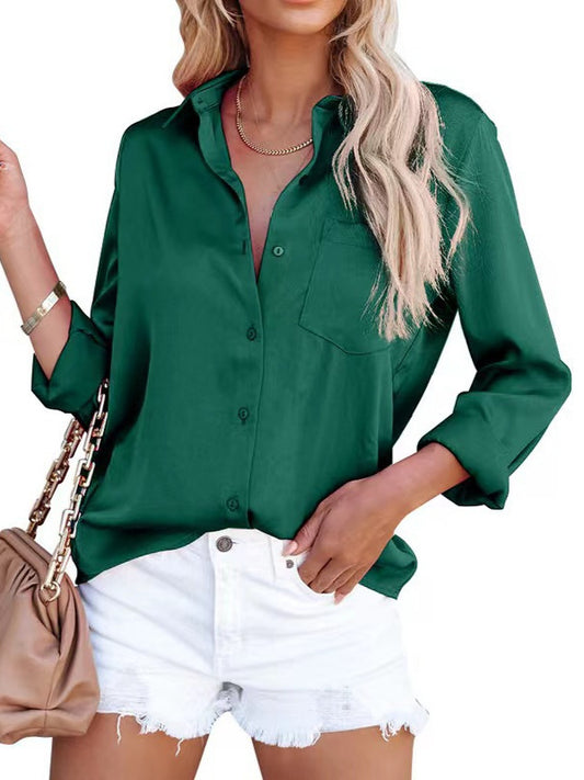 Blusa informal de manga larga con solapa y color liso para mujer