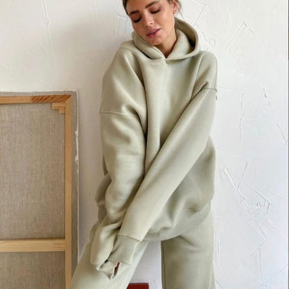 Conjunto deportivo básico informal de otoño para mujer, de manga larga, color liso, con capucha y pantalones de chándal