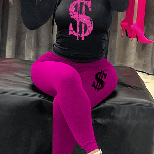 Conjunto deportivo informal de dos piezas con top y pantalones de manga larga y cuello redondo con estampado de dólares para mujer