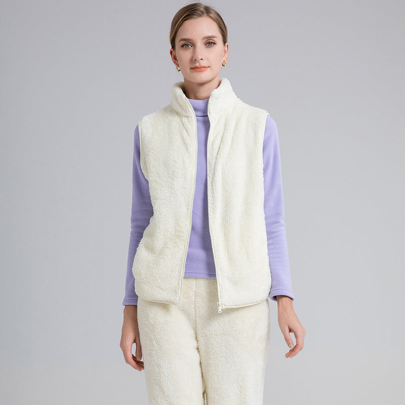 Chaleco informal de invierno de lana de color liso con cuello alto sin mangas para mujer