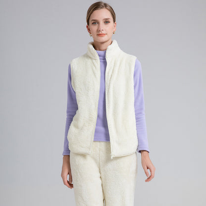 Chaleco informal de invierno de lana de color liso con cuello alto sin mangas para mujer