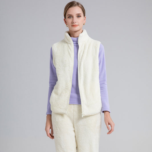 Women Casual Winter Fleece Solid Color Stand Collar Sleeveless Vest Plush Coat