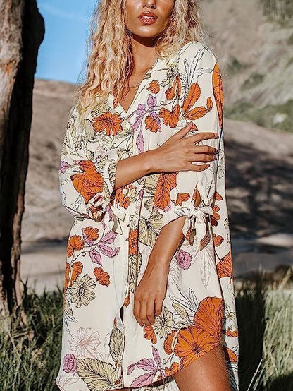 Bata de playa informal de manga larga con estampado floral y solapa para mujer